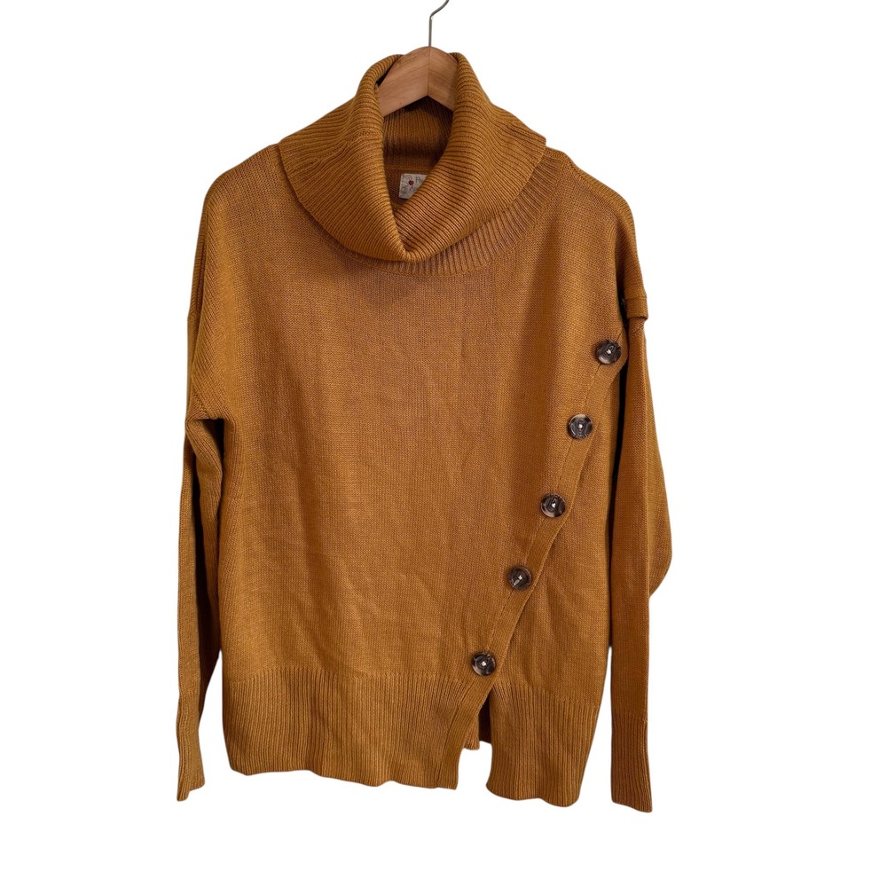 Poof Apparel Womens Mustard Yellow Cowl Neck Button Accent‎ Sweater Medium